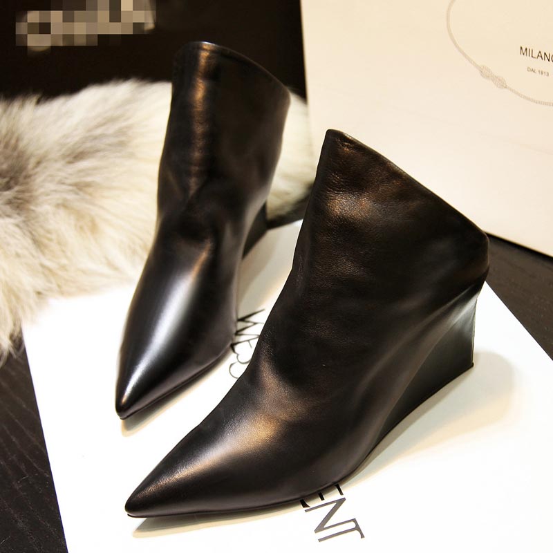 2015秋冬欧美黑色靴女欧洲站及裸靴踝靴尖头坡跟短靴