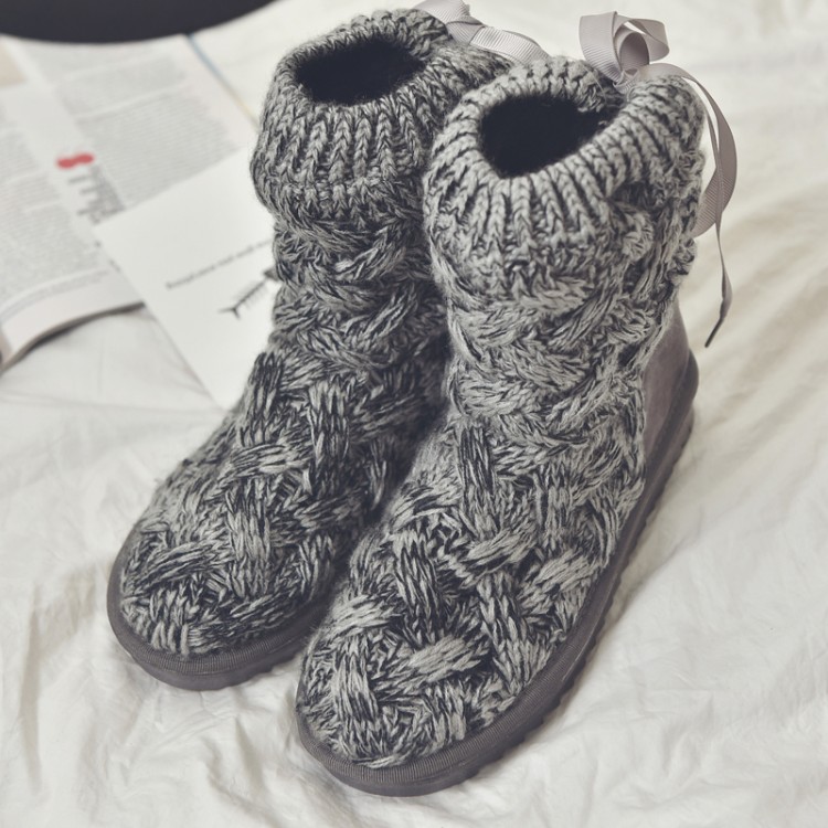 2016冬季新款韩版女鞋厚底毛线针织雪地靴蝴蝶结绑带棉靴学生潮鞋