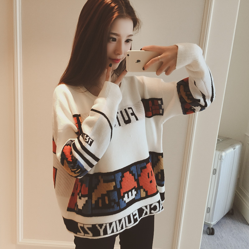 2015秋冬季新款潮流女装 韩版宽松舒适可爱卡通印花少女长袖针织
