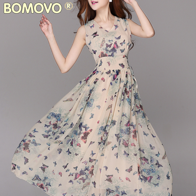 BOMOVO2015夏季新款欧美高端大牌女装印花雪纺长裙连衣裙气质夏装