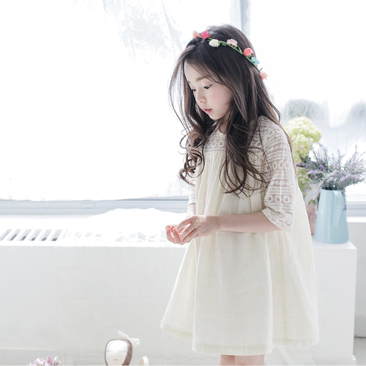 韩版女童秋装中袖连衣裙 韩国童装儿童纯棉蕾丝拼接公主裙子
