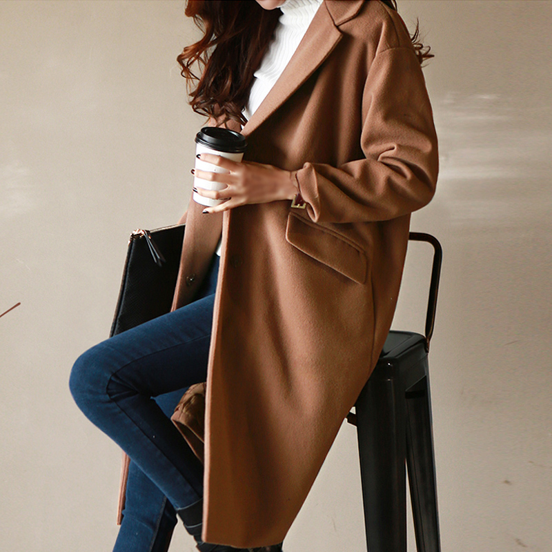 2015冬季韩版新品女装宽松中长款纯色加厚呢大衣显瘦毛呢外套女