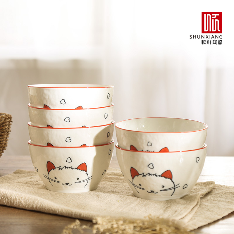 创意家用日式手绘可爱陶瓷小甜品碗米饭碗餐具套装可爱卡通碗6个