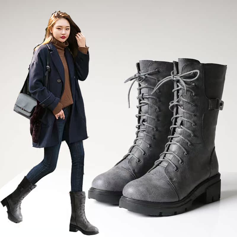 冬季新款马丁靴女英伦风系带厚底圆头侧拉链中跟粗跟加绒中筒靴子