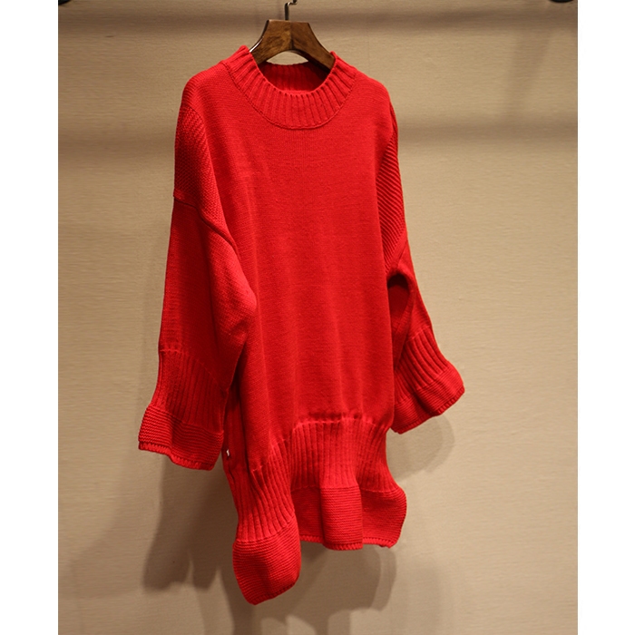 韩国东大门2015秋冬新款喇叭袖中长款红色毛衣女宽松针织连衣裙