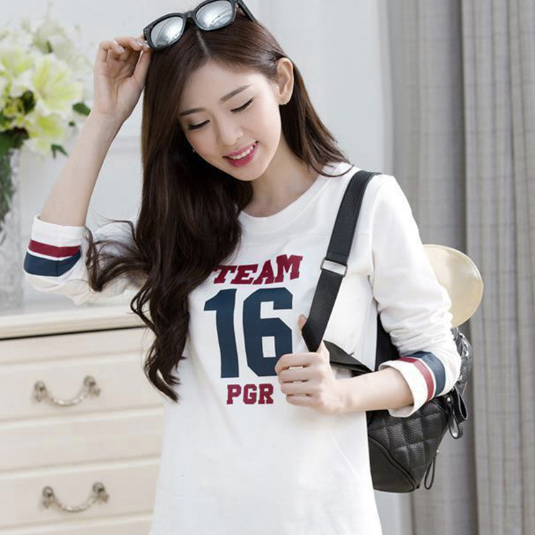 包邮2016春季新款韩版女装撞色拼接数字印花长袖打底衫T恤上衣