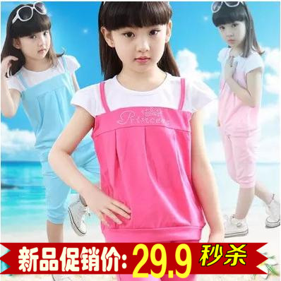 2016夏装新款女中童短袖套装韩版休闲运动儿童纯棉假两件+七分裤