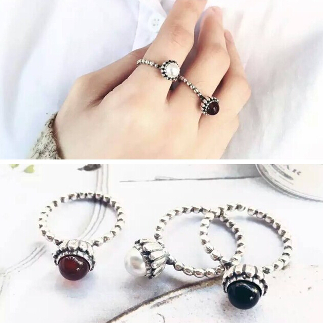 韩国韩版925纯银戒指 黑玛瑙锁链复古做旧个性开口戒指