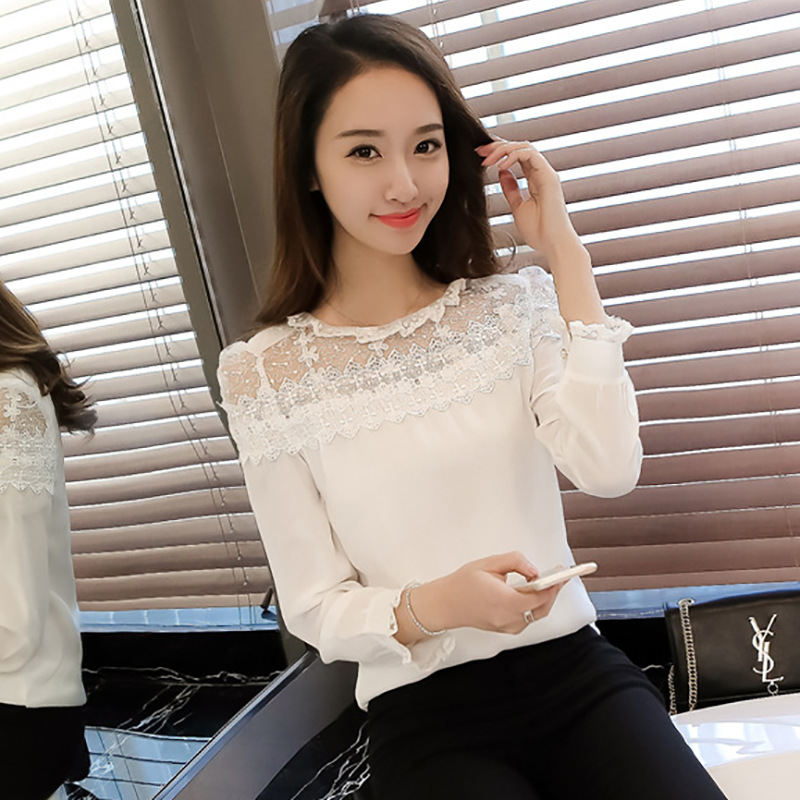 2016春装新款韩版修身蕾丝精美木耳边衬衫女式雪纺衫潮