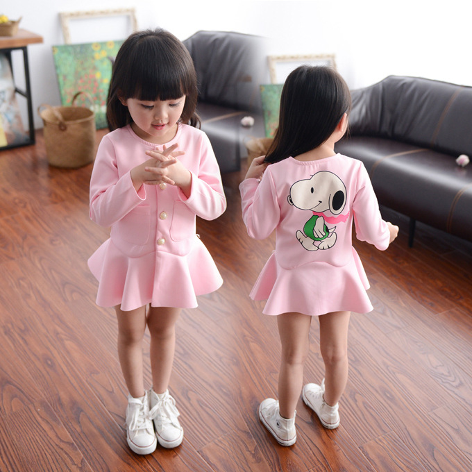 2015秋款女童装韩版卡通休闲荷叶边儿童宝宝长袖裙子可爱开衫裙