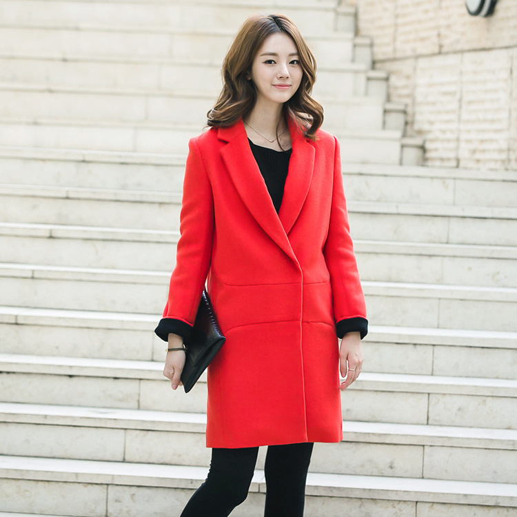 2015冬季新款韩国女装大牌高端简约气质时尚翻领修身毛呢大衣外套