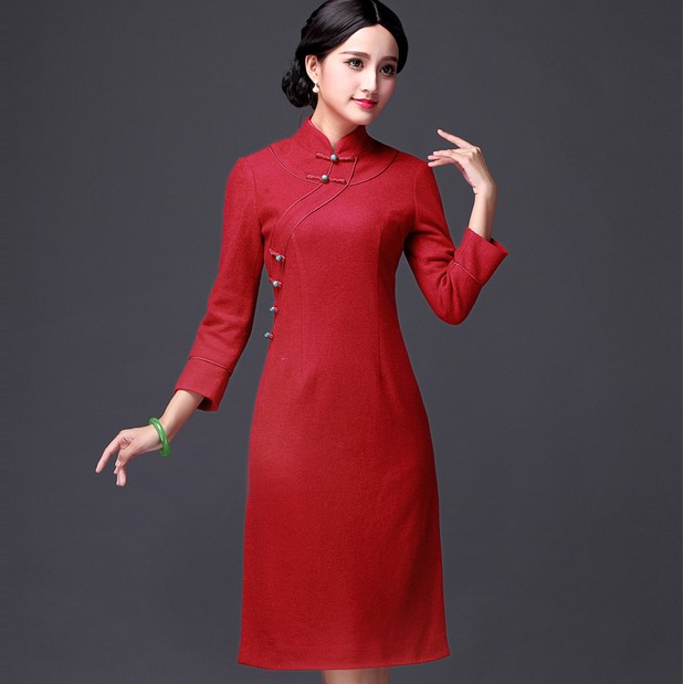 2015秋冬女士中国风女装新款复古毛衣旗袍式手工羊绒旗袍裙