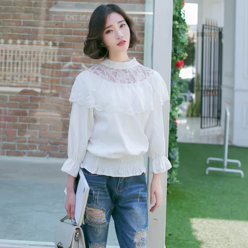 2016夏装新款韩版荷叶边女装蕾丝T恤纯棉修身时尚上衣