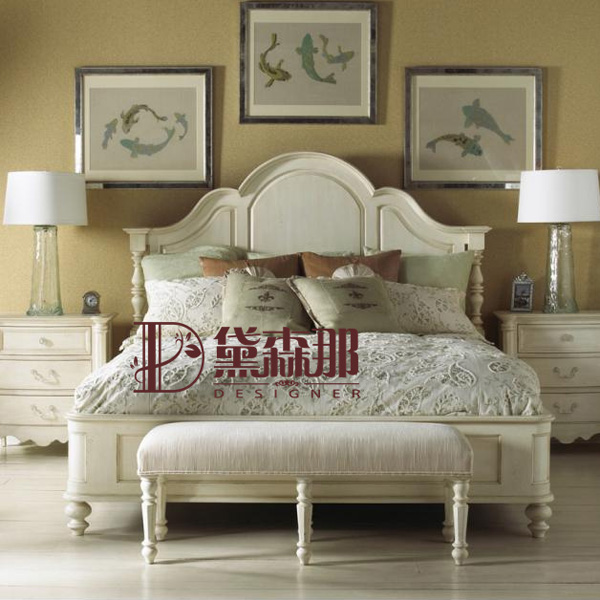 法式简约仿古橡木双人床别墅大床 欧式茉莉花白色实木床样板房床