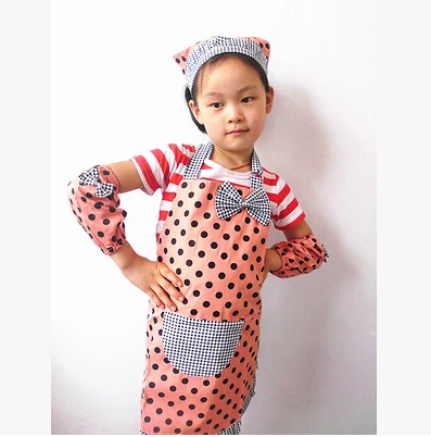 韩版儿童围裙罩衣幼儿画画衣套袖头巾三件套装纯棉防水反穿衣