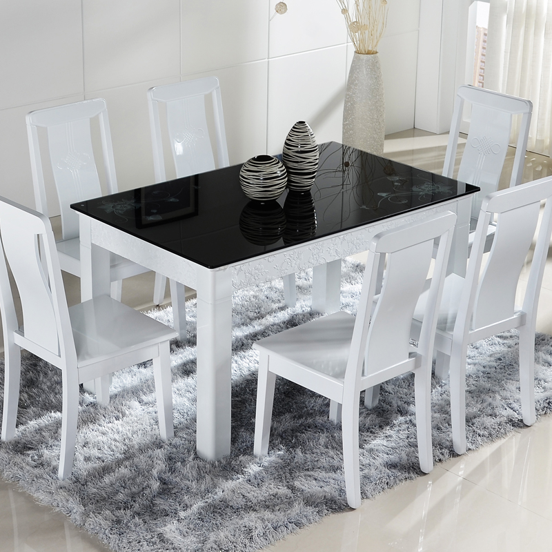 现代简约实木餐桌椅组合 黑白色烤漆钢化玻璃餐桌 一桌4椅6椅