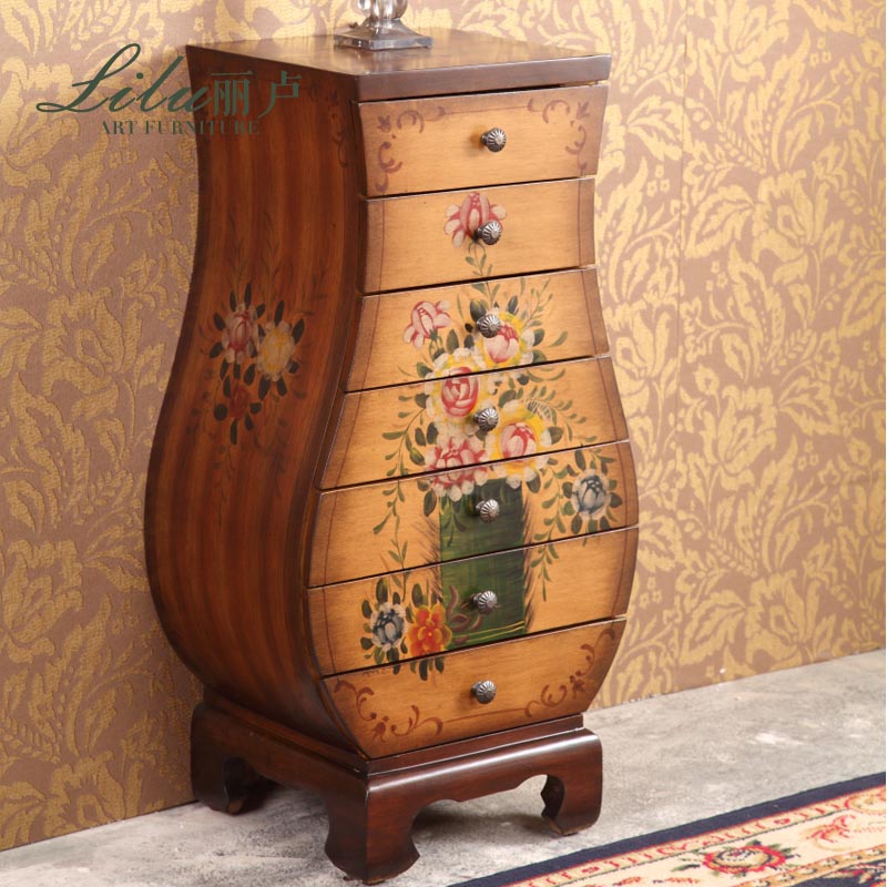 【丽卢】新款欧美式乡村做旧彩绘黄色七斗花瓶柜斗柜储物柜床头柜