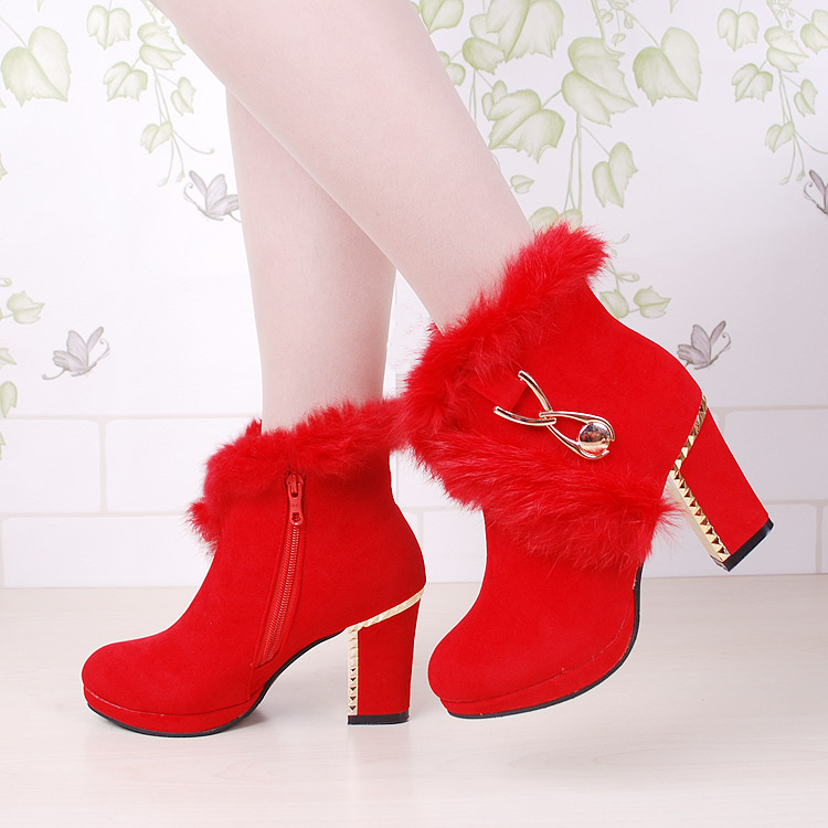 2015冬季大红色结婚鞋新娘鞋毛毛边中跟粗跟拉链短靴婚靴保暖靴子