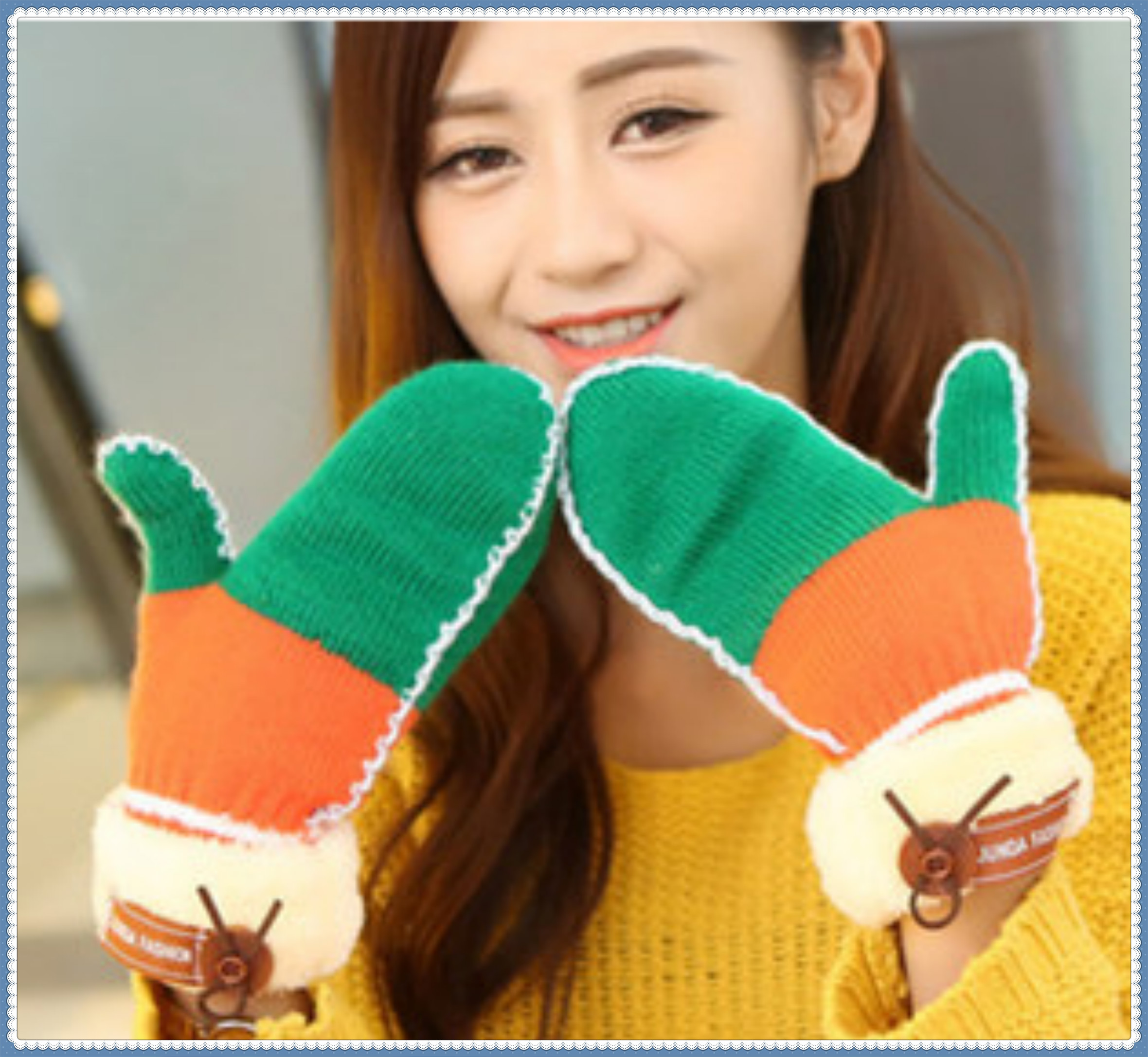 2015年韩版新款韩版拼色毛线木扣连指学生保暖可爱手套 骑车专用