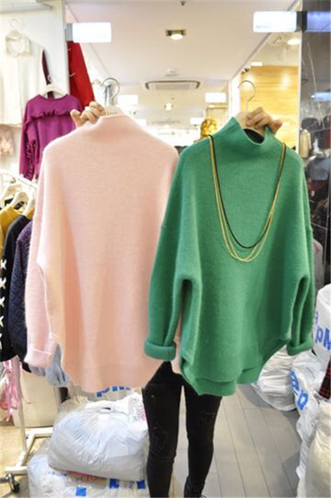 韩国东大门代购2015冬新品加厚毛衣女套头高领长袖前短后长针织衫