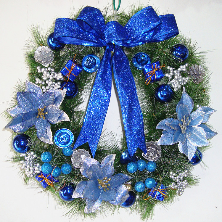 圣诞装饰品酒店布置40厘米蓝圣诞花环松针蝴蝶结高档花环门挂门饰