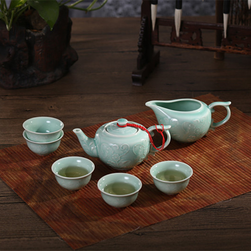 蓝田玉瓷 龙泉青瓷整套功夫陶瓷礼品 青瓷茶具手工制作茶壶茶杯
