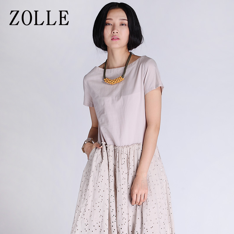 ZOLLE因为 2015夏装新款 街头大摆型长裙 纯色中腰套头短袖连衣裙