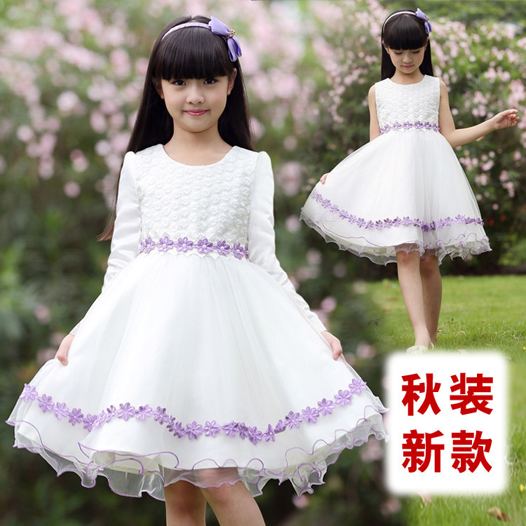 2016新款夏季韩版儿童长袖裙子9-12岁中大童花边公主裙白色连衣裙