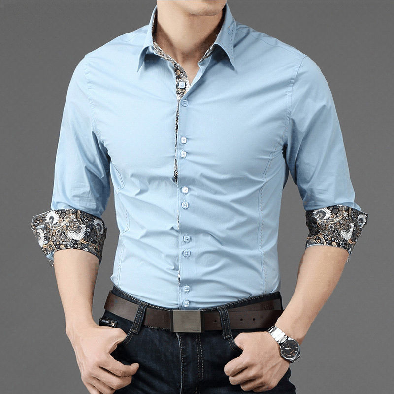 2015男衬衫长袖商务大码韩版纯棉修身款衬衣蓝色打底花衬衫型男潮