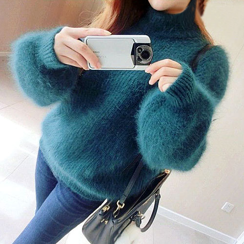 韩国代购2015冬装新款宽松套头短款打底针织衫加厚貂绒毛衣外套女