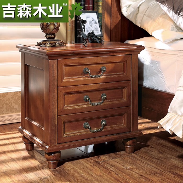 吉森木业 美式家具 纯实木家具 美式乡村床头柜 三抽屉简约床边柜