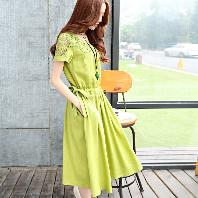 2015夏季亚麻短袖裙子新款女装韩版修身蕾丝拼接棉麻连衣裙
