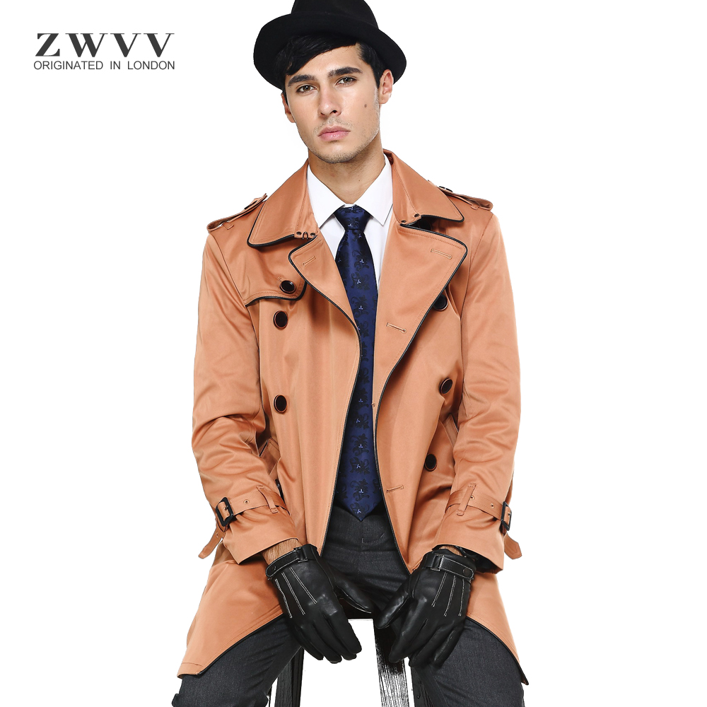 ZWVV春秋新款男士双排扣风衣中长款英伦修身休闲外套