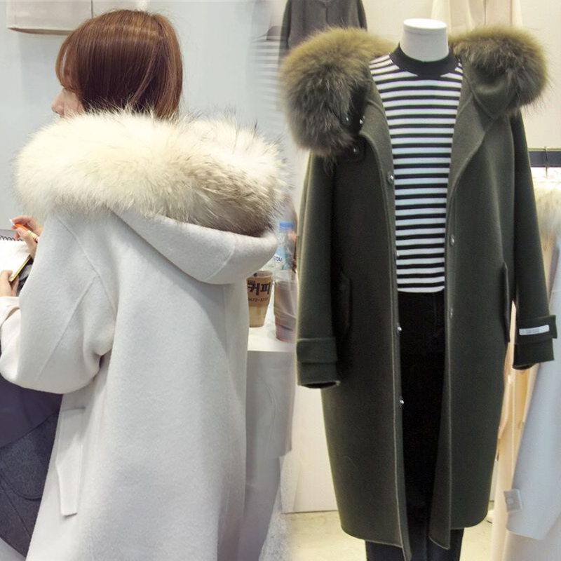 2015秋冬新款韩版女装宽松加厚连帽大毛领中长款羊毛呢大衣外套女