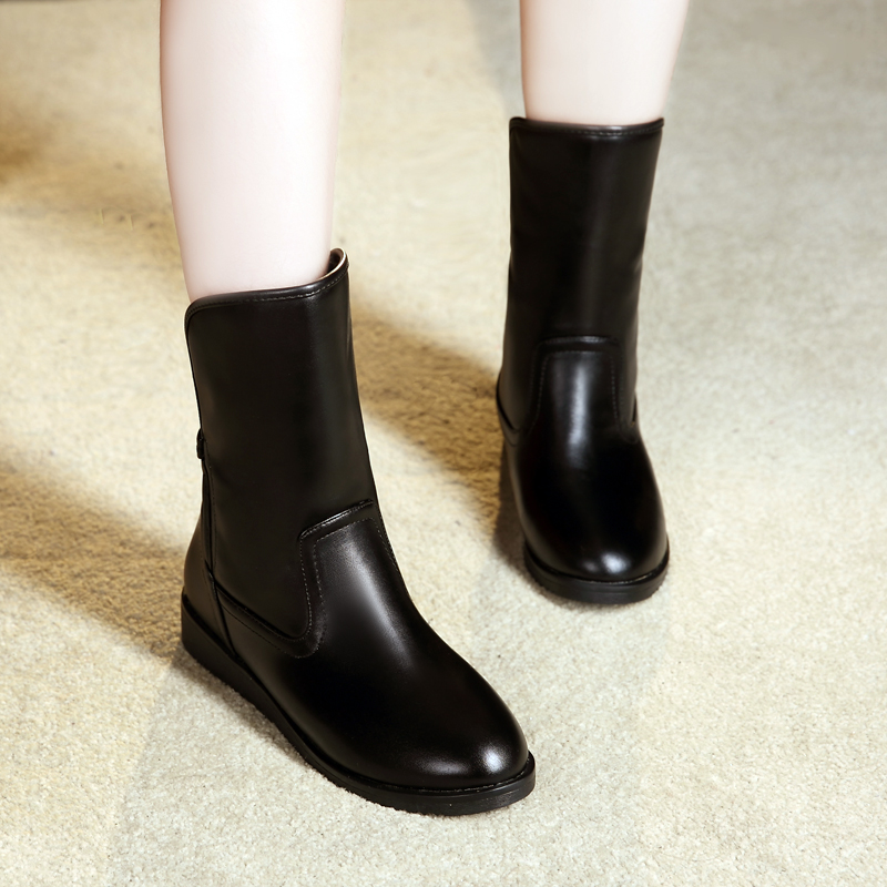 2016冬季新款真皮短靴女中筒靴短筒平跟厚底骑士靴平底黑色女靴子