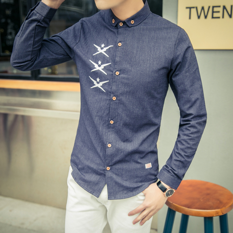 2016春款创意图案男士长袖衬衫修身棉麻大货兰（B272-T5502-P65)
