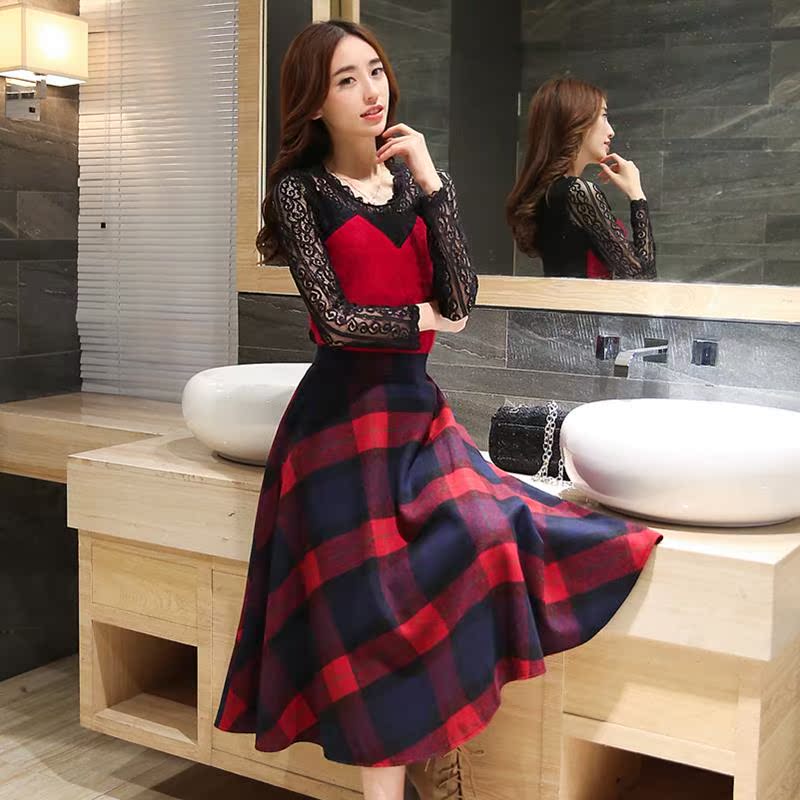 2015新款秋装韩版修身显瘦蕾丝格子长袖连衣裙气质针织毛衣两件套