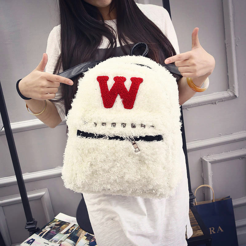 2015秋冬新款日韩时尚纯色羊羔毛毛绒双肩包女包学生包旅行背包潮