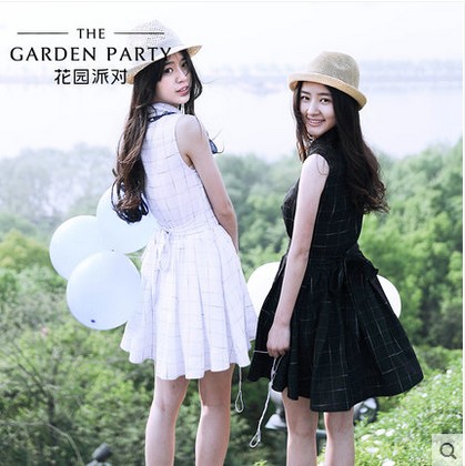 格子连衣裙TGP花园派对 2015夏装韩版新款无袖背心连衣裙连衣短裙