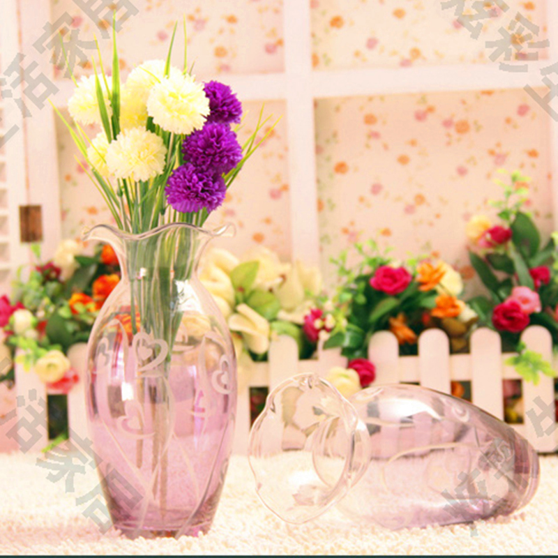 简约现代玻璃花瓶 摆件 浅玫红色雕刻花瓶 家居饰品 台面插花花瓶