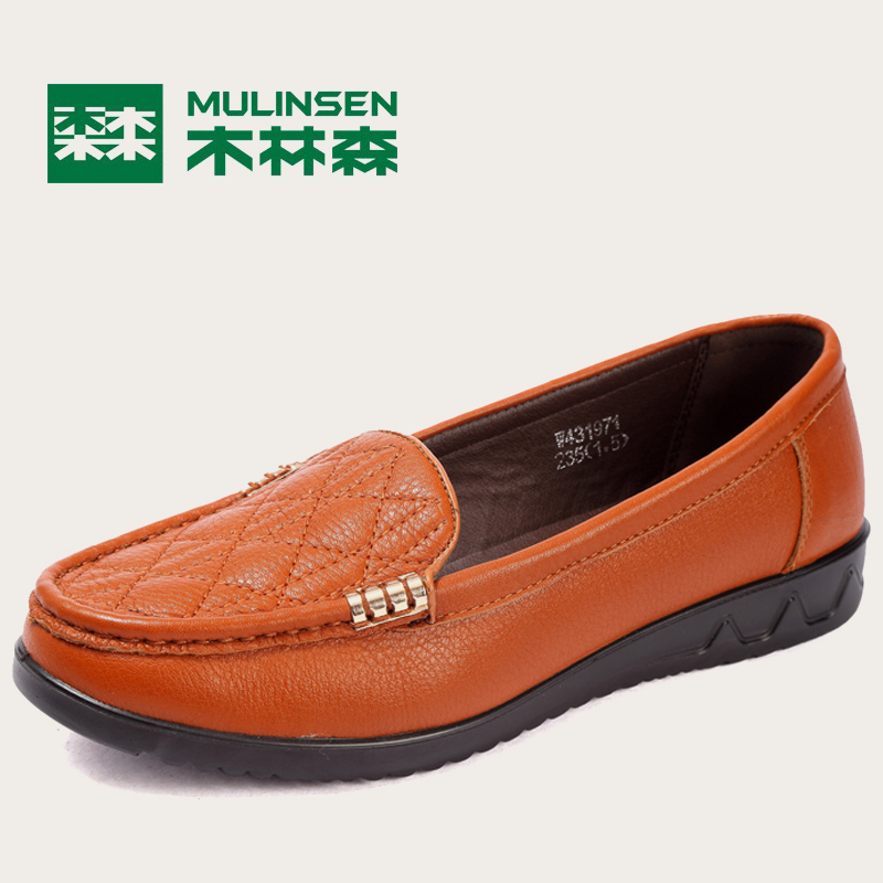 木林森女鞋时尚软底舒适低跟真皮单鞋小坡跟平底鞋妈妈鞋W431971