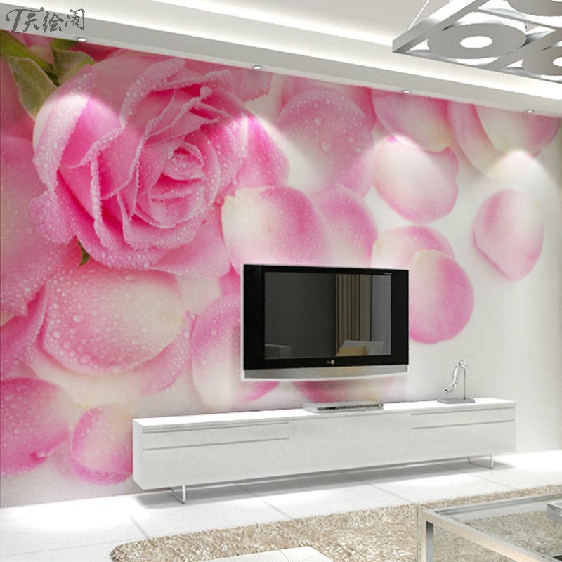 大型壁画 客厅影视墙沙发书房婚房新房壁纸 无缝 粉红玫瑰 浪漫