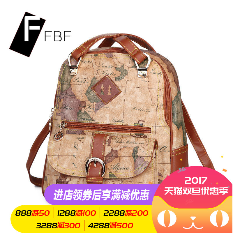 FBF韩版学院风书包地图印花复古双肩包女包休闲大容量旅行包6822