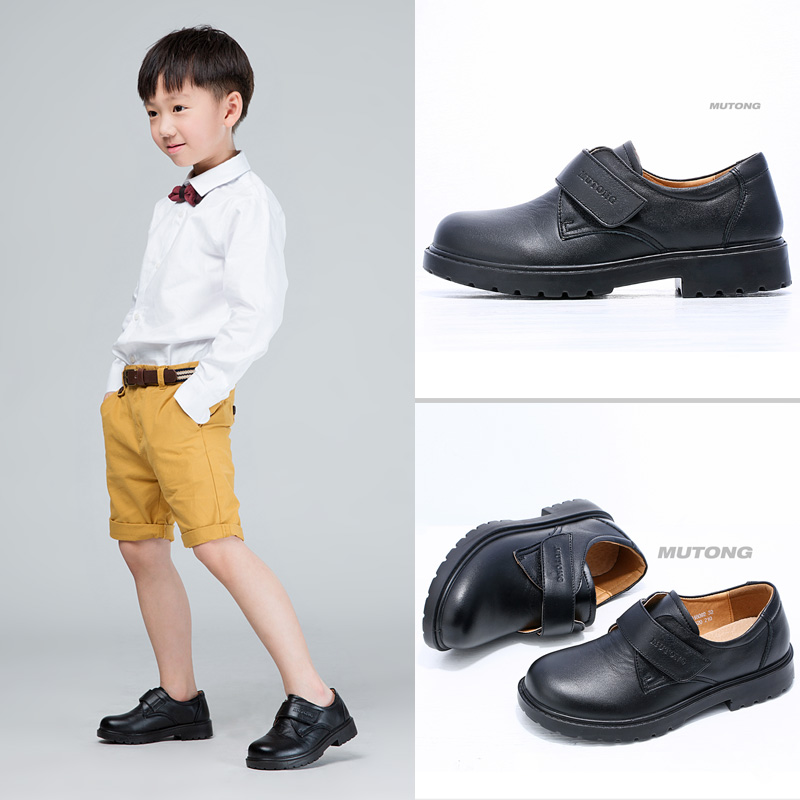 牧童童鞋2016春秋季男童中童魔术贴黑色皮鞋表演牛皮皮鞋