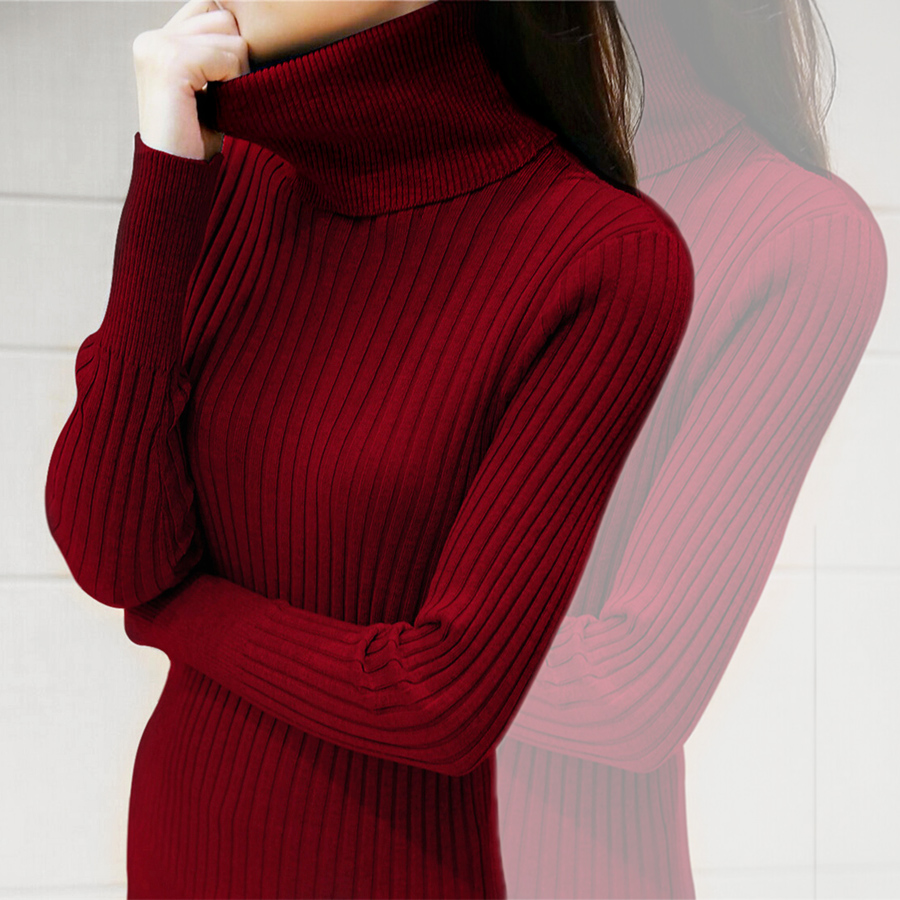 2015秋冬新款韩版修身长袖套头打底衫中长款针织衫高领毛衣女装