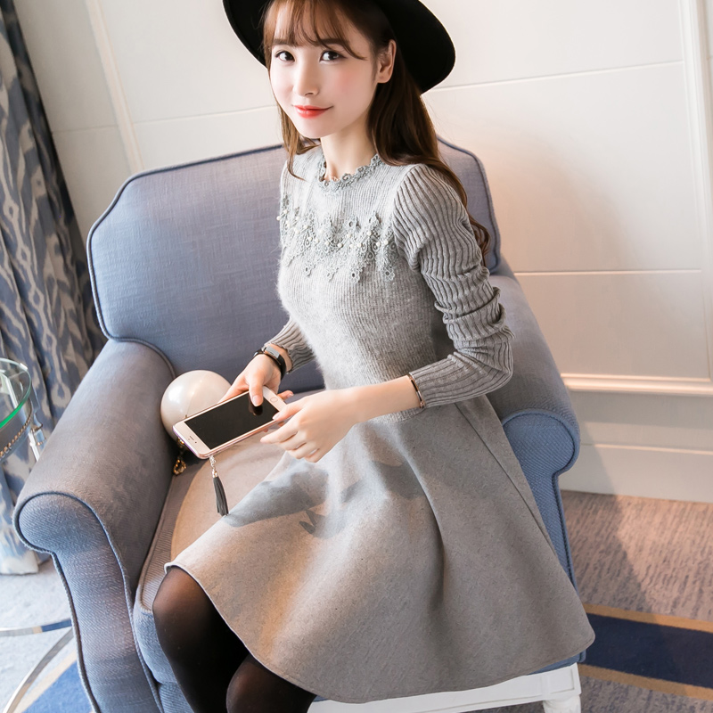 2016春季新款韩版修身显瘦蕾丝针织羊绒打底长袖假两件套连衣裙女