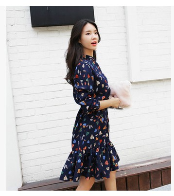韩国2016春季长袖碎花裙子学院打底修身显瘦中长款雪纺连衣裙单件