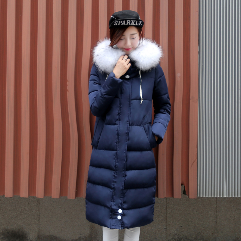 2015韩版新款修身时尚中长款棉衣 连帽大毛领棉服加长款实拍