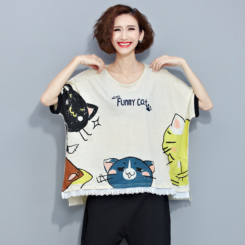 韩版夏装大码女装胖MM卡通猫咪镶印花宽松短袖T恤