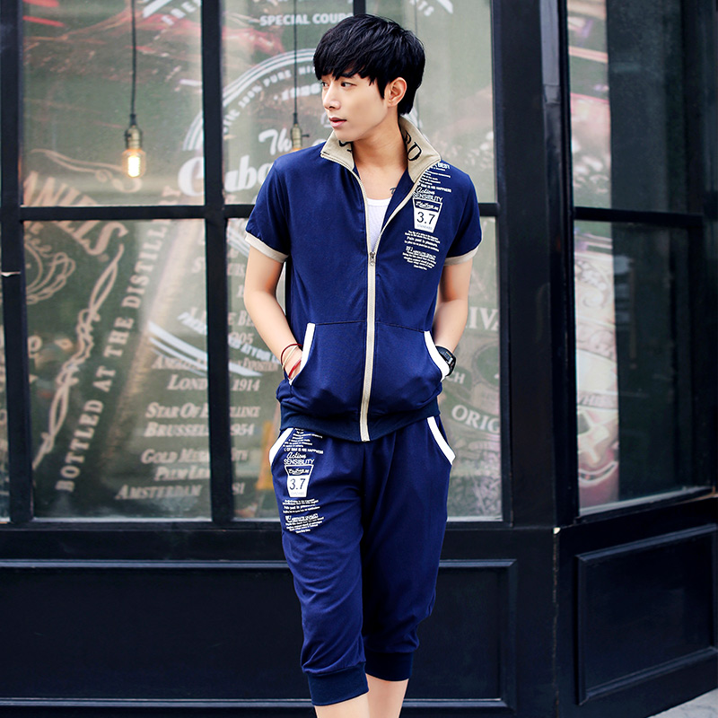 2015男士新款短袖外套韩版时尚卫衣套装春夏季立领运动服修身上衣